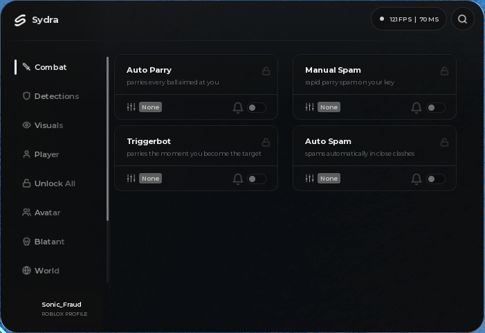 Sydra menu in Blade Ball: Combat tab with Auto Parry, Manual Spam, Triggerbot and Auto Spam